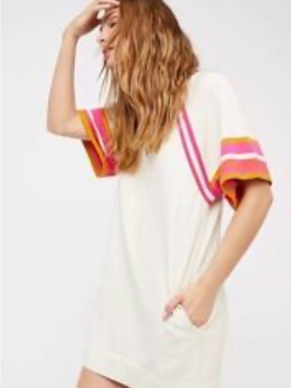 Free People Cream Tunic Dress with Pink & Orange Stripe Trim